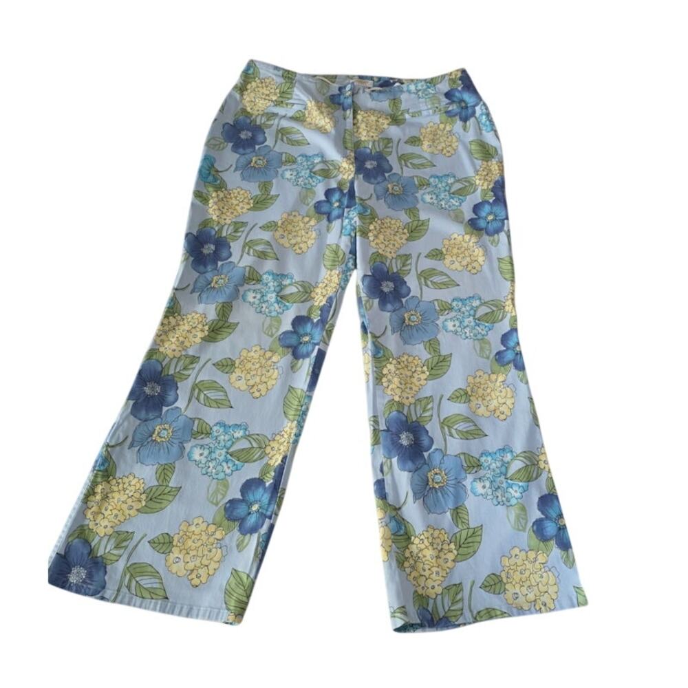 Vintage Talbots Women Summer Stretch Blue Floral Cotton Pants 22 Ankle Lightweig